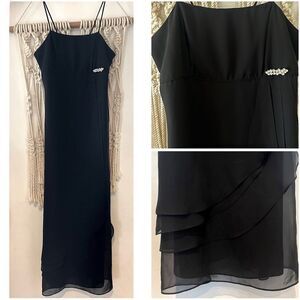 Y2K Elegant Black Chiffon Evening Gown SZ LG Rhinestone Maxi Dress Whimsygoth